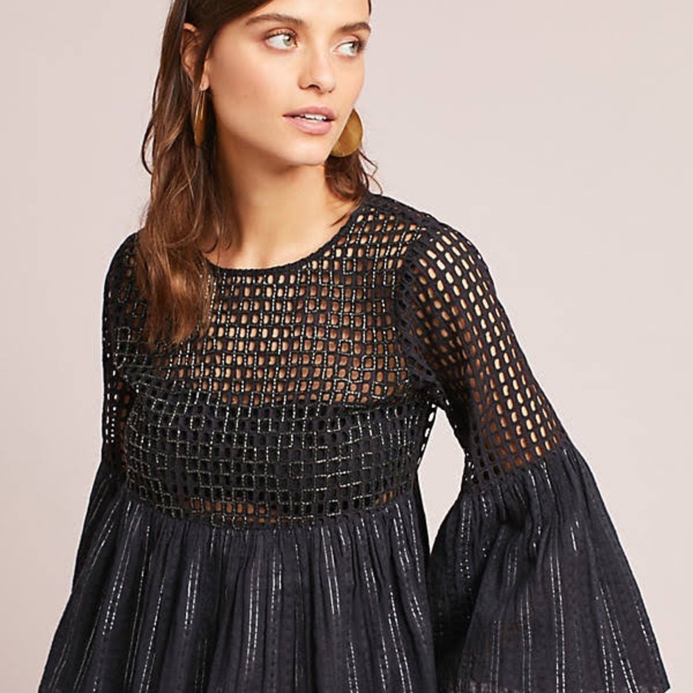 Anthropologie MAEVE Alameda Black Silver Beaded Bell Sleeve Blouse Size 8-EUC